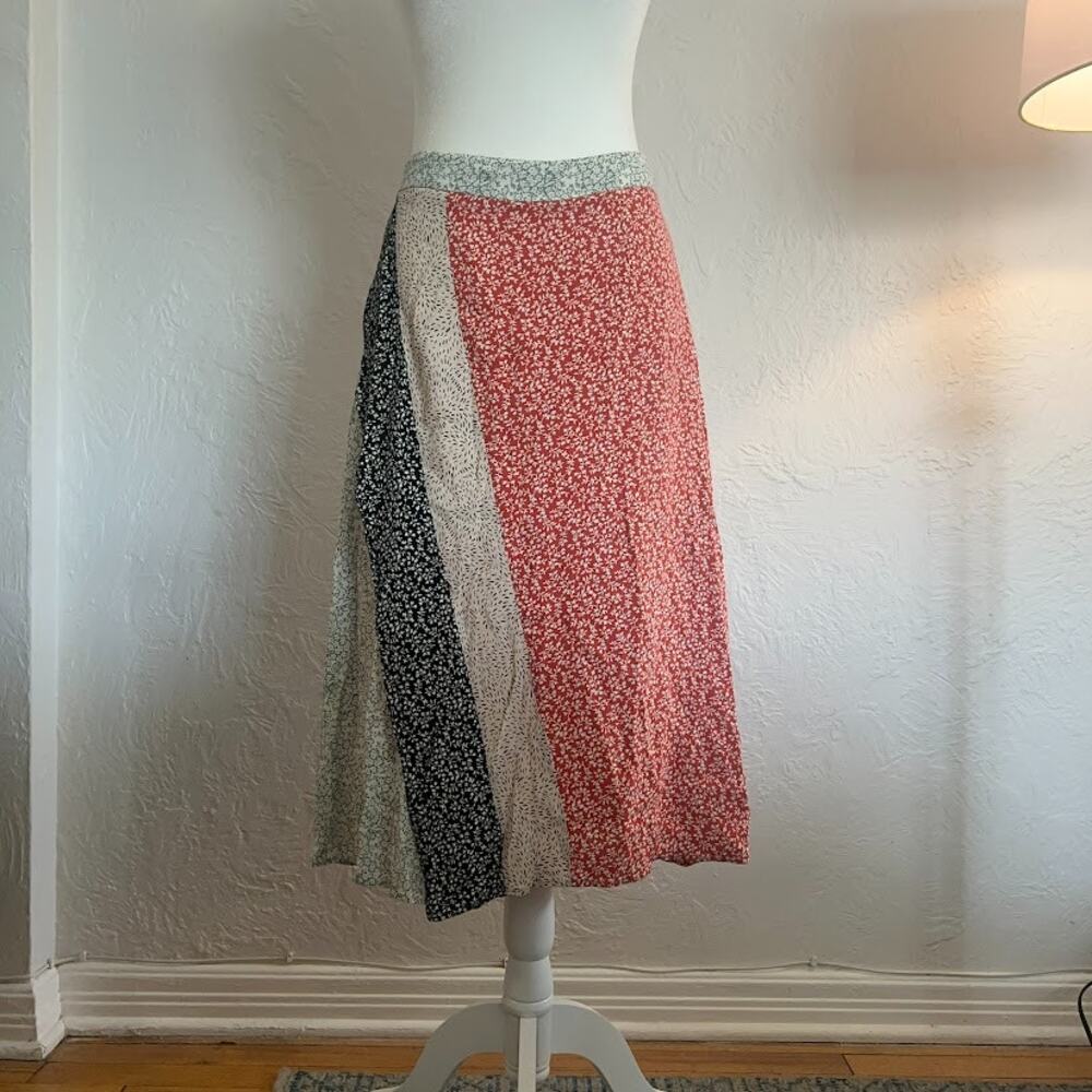 Skies Are Blue Floral Patchwork Midi Skirt M Side Slit Lined Prairie Boho